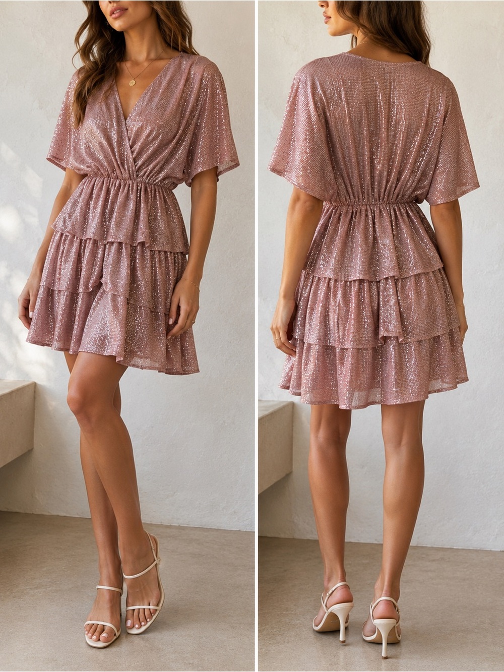 IRO Rose Pink Sequin Tiered V-Neck Mini Dress